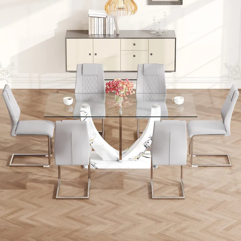 Ensemble table et chaises de salle à manger modernes en verre trempé avec piètement en forme de U à motif marbre et chaises rembourrées en PU
