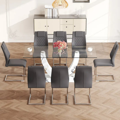 Ensemble table et chaises de salle à manger modernes en verre trempé avec piètement en forme de U à motif marbre et chaises rembourrées en PU