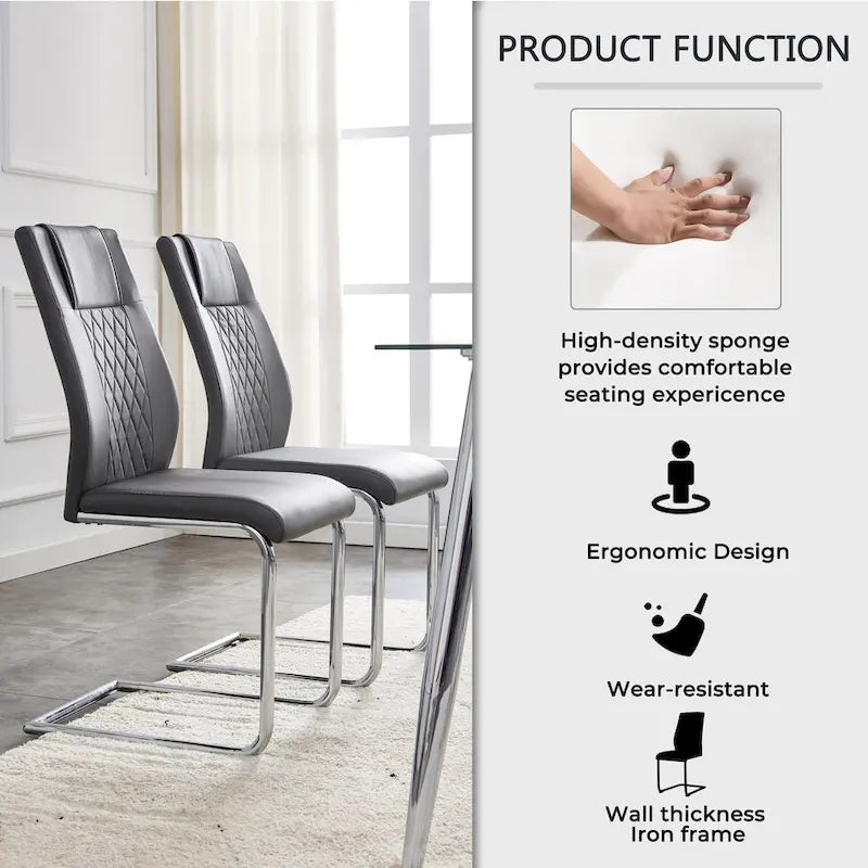 Ensemble table et chaises de salle à manger modernes en verre trempé avec piètement en forme de U à motif marbre et chaises rembourrées en PU