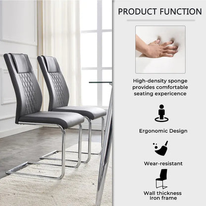 Ensemble table et chaises de salle à manger modernes en verre trempé avec piètement en forme de U à motif marbre et chaises rembourrées en PU