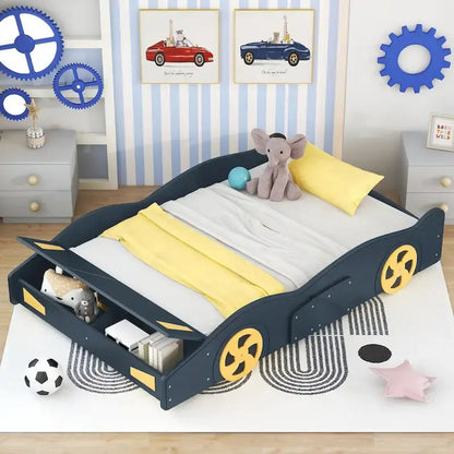 Full Pine Race Car Bed with Wheels & Storage