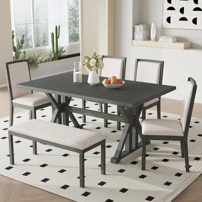 Farmhouse Style 6-Piece Dining Table Set with 4 Upholstered Dining Chairs and Bench