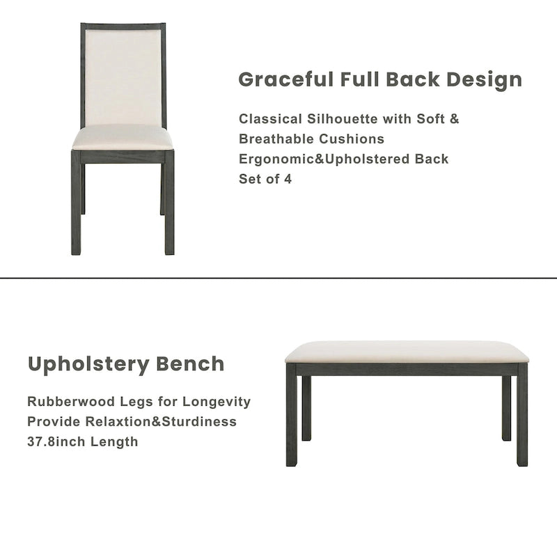 Ensemble de salle à manger style campagnard 6 pièces avec 4 chaises de salle à manger rembourrées et un banc