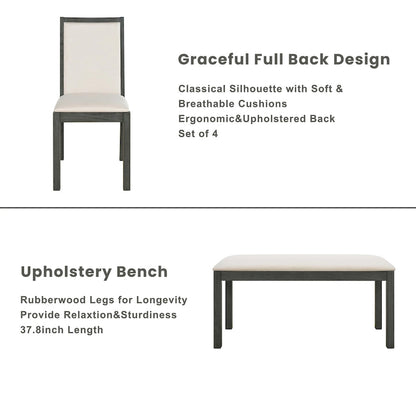 Ensemble de salle à manger style campagnard 6 pièces avec 4 chaises de salle à manger rembourrées et un banc