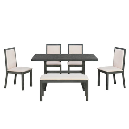 Ensemble de salle à manger style campagnard 6 pièces avec 4 chaises de salle à manger rembourrées et un banc