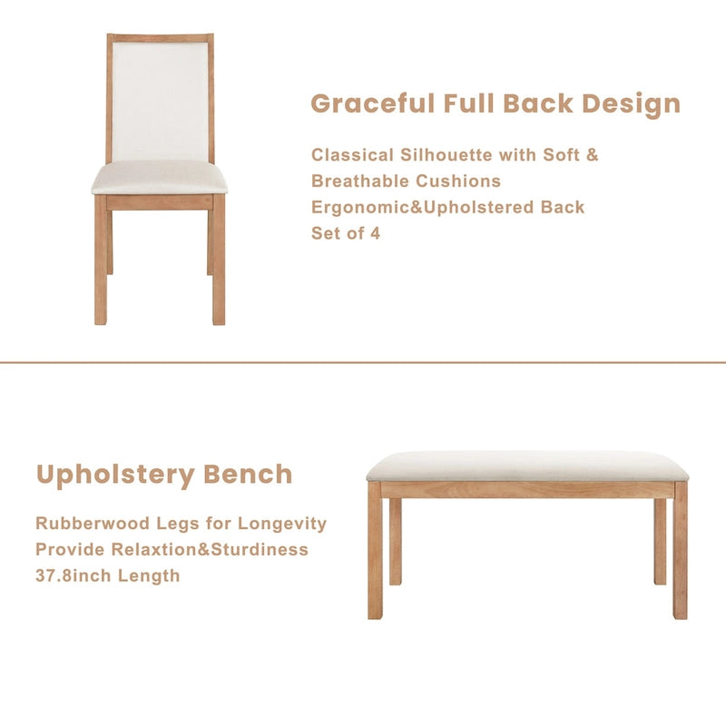 Ensemble de salle à manger style campagnard 6 pièces avec 4 chaises de salle à manger rembourrées et un banc