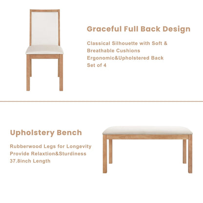 Ensemble de salle à manger style campagnard 6 pièces avec 4 chaises de salle à manger rembourrées et un banc