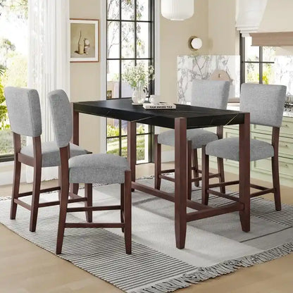 Ensemble de salle à manger moderne 5 pièces avec table haute, table de bar en faux marbre et 4 chaises à assise rembourrée