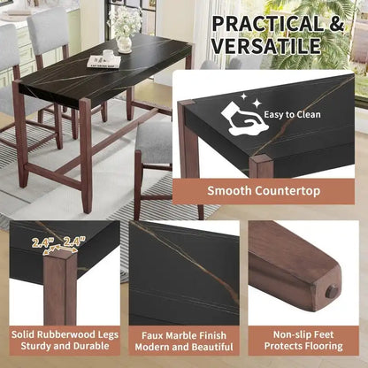 Ensemble de salle à manger moderne 5 pièces avec table haute, table de bar en faux marbre et 4 chaises à assise rembourrée