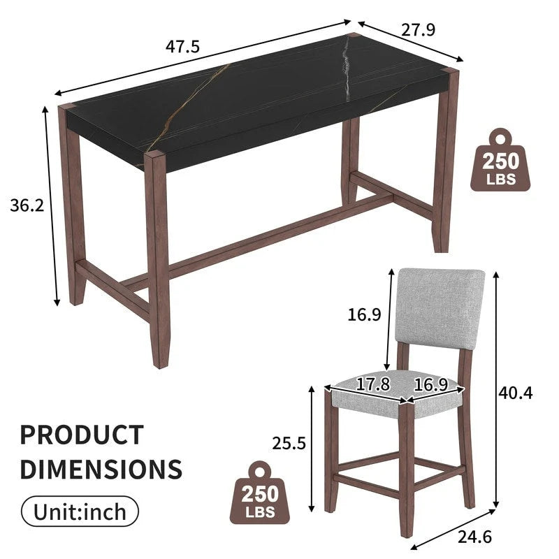 Ensemble de salle à manger moderne 5 pièces avec table haute, table de bar en faux marbre et 4 chaises à assise rembourrée