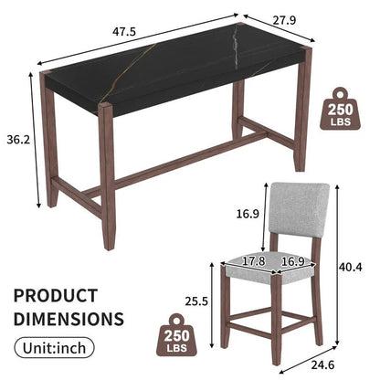 Ensemble de salle à manger moderne 5 pièces avec table haute, table de bar en faux marbre et 4 chaises à assise rembourrée