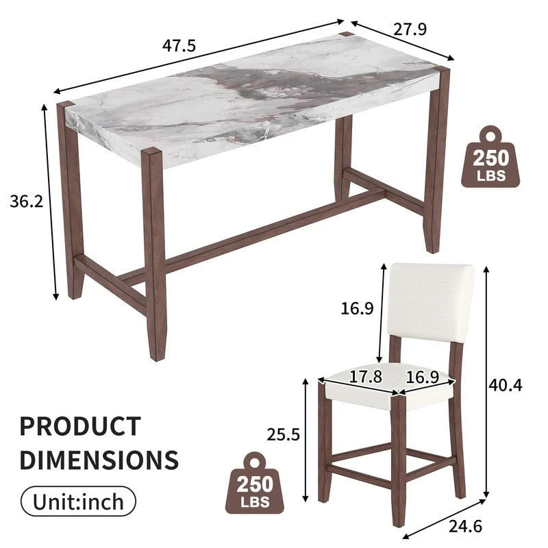Ensemble de salle à manger moderne 5 pièces avec table haute, table de bar en faux marbre et 4 chaises à assise rembourrée