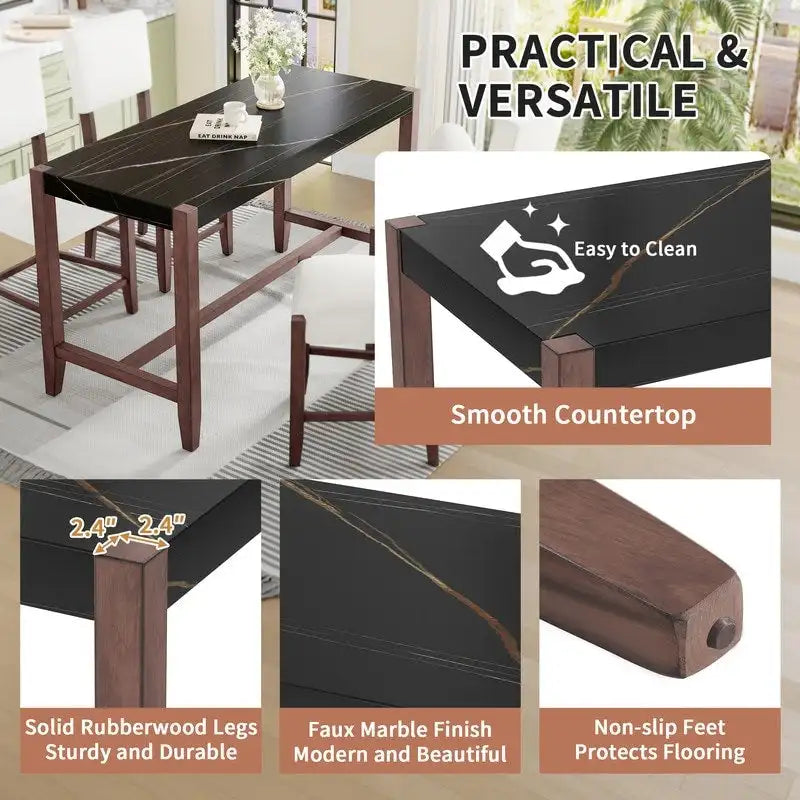 Ensemble de salle à manger moderne 5 pièces avec table haute, table de bar en faux marbre et 4 chaises à assise rembourrée