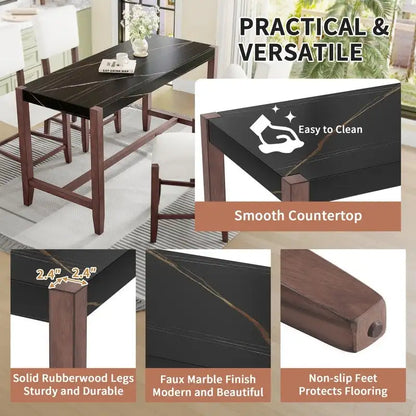 Ensemble de salle à manger moderne 5 pièces avec table haute, table de bar en faux marbre et 4 chaises à assise rembourrée