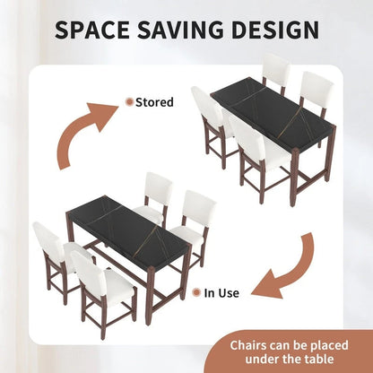 Ensemble de salle à manger moderne 5 pièces avec table haute, table de bar en faux marbre et 4 chaises à assise rembourrée