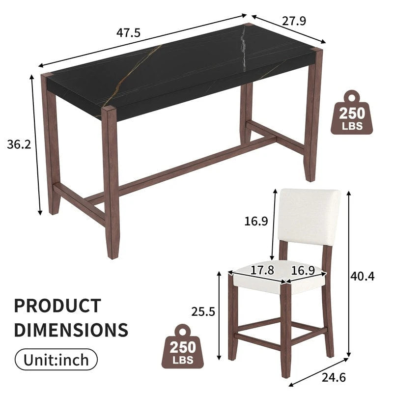 Ensemble de salle à manger moderne 5 pièces avec table haute, table de bar en faux marbre et 4 chaises à assise rembourrée