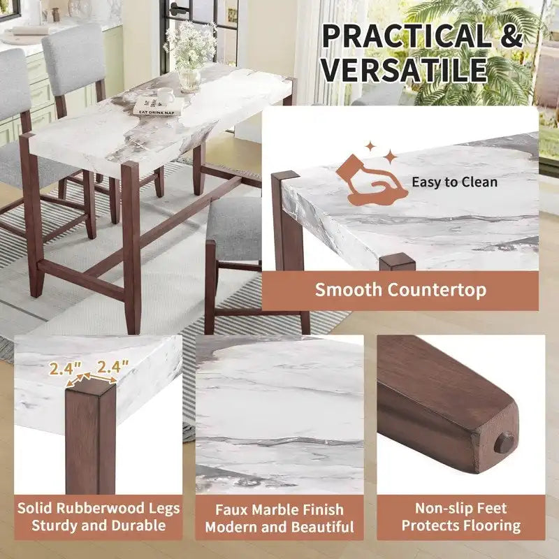 Ensemble de salle à manger moderne 5 pièces avec table haute, table de bar en faux marbre et 4 chaises à assise rembourrée