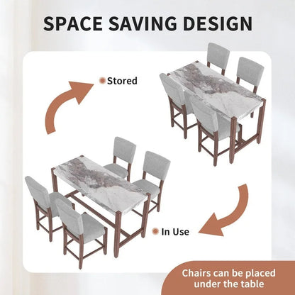 Ensemble de salle à manger moderne 5 pièces avec table haute, table de bar en faux marbre et 4 chaises à assise rembourrée