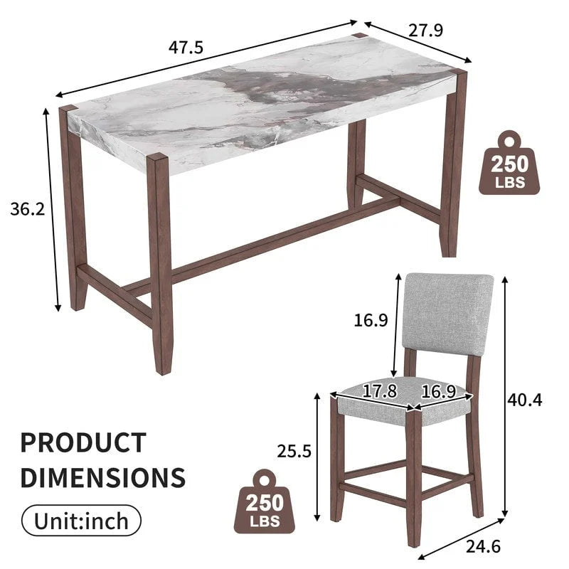 Ensemble de salle à manger moderne 5 pièces avec table haute, table de bar en faux marbre et 4 chaises à assise rembourrée
