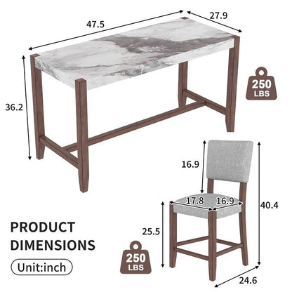 Ensemble de salle à manger moderne 5 pièces avec table haute, table de bar en faux marbre et 4 chaises à assise rembourrée