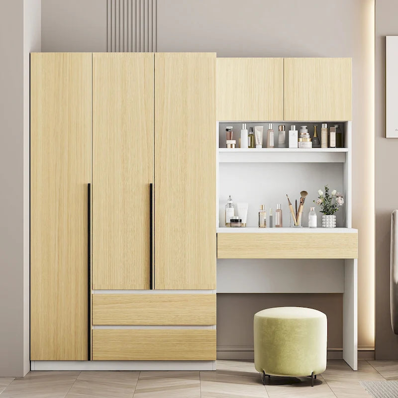 Armoire-bureau en bois à 3 portes avec étagères et 3 tiroirs, idéale pour la chambre à coucher.