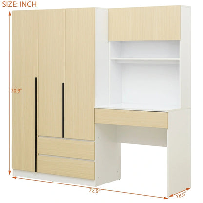 Armoire-bureau en bois à 3 portes avec étagères et 3 tiroirs, idéale pour la chambre à coucher.