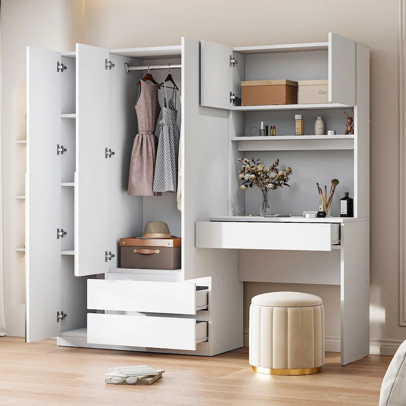 Armoire-bureau en bois à 3 portes avec étagères et 3 tiroirs, idéale pour la chambre à coucher.