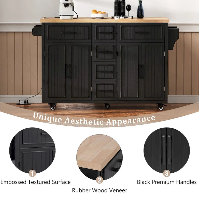 Îlot de cuisine de 56,5 pouces avec abattant et station de recharge, chariot de cuisine roulant sur roulettes avec tiroirs et étagères réglables