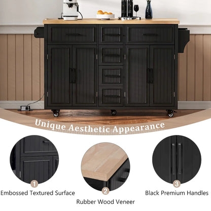 Îlot de cuisine de 56,5 pouces avec abattant et station de recharge, chariot de cuisine roulant sur roulettes avec tiroirs et étagères réglables