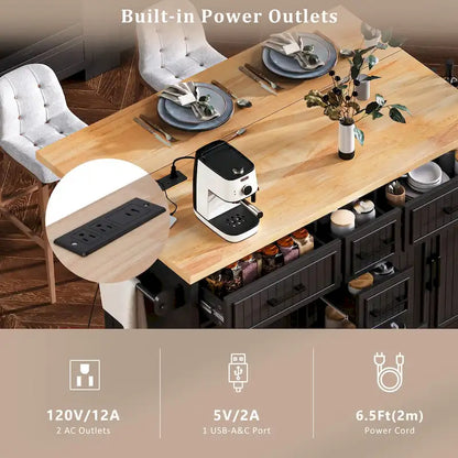 Îlot de cuisine de 56,5 pouces avec abattant et station de recharge, chariot de cuisine roulant sur roulettes avec tiroirs et étagères réglables