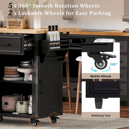 Îlot de cuisine de 56,5 pouces avec abattant et station de recharge, chariot de cuisine roulant sur roulettes avec tiroirs et étagères réglables