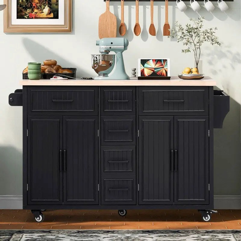 Îlot de cuisine de 56,5 pouces avec abattant et station de recharge, chariot de cuisine roulant sur roulettes avec tiroirs et étagères réglables