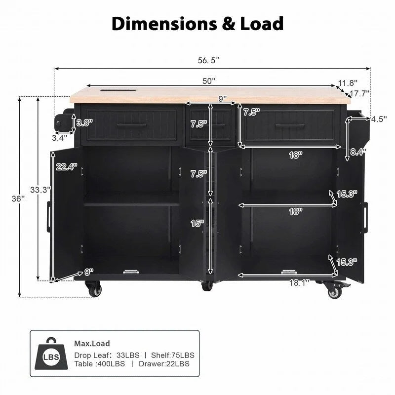 Îlot de cuisine de 56,5 pouces avec abattant et station de recharge, chariot de cuisine roulant sur roulettes avec tiroirs et étagères réglables