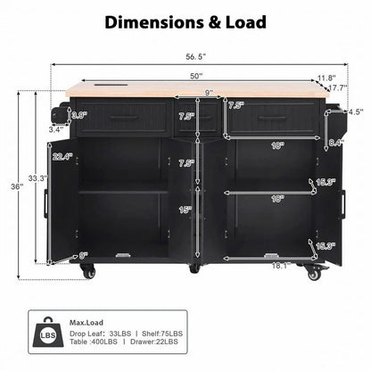 Îlot de cuisine de 56,5 pouces avec abattant et station de recharge, chariot de cuisine roulant sur roulettes avec tiroirs et étagères réglables