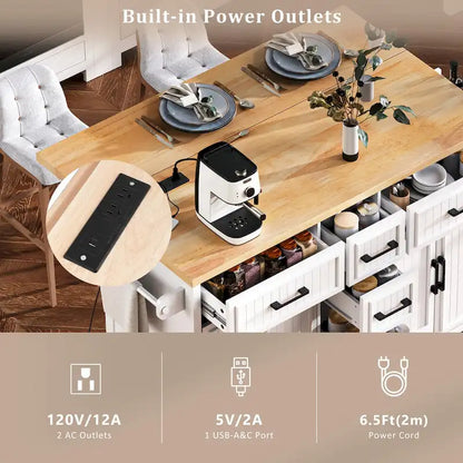 Îlot de cuisine de 56,5 pouces avec abattant et station de recharge, chariot de cuisine roulant sur roulettes avec tiroirs et étagères réglables