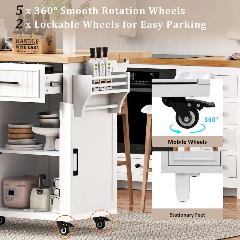 Îlot de cuisine de 56,5 pouces avec abattant et station de recharge, chariot de cuisine roulant sur roulettes avec tiroirs et étagères réglables