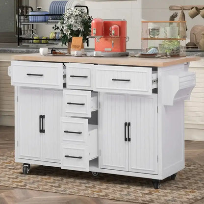 Îlot de cuisine de 56,5 pouces avec abattant et station de recharge, chariot de cuisine roulant sur roulettes avec tiroirs et étagères réglables