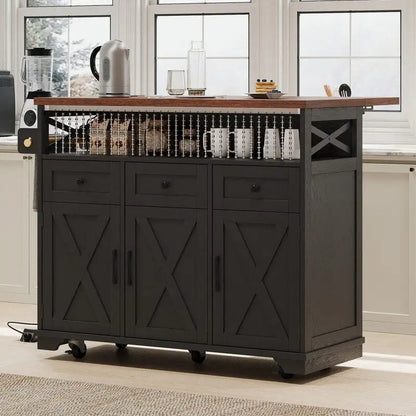 Farmhouse 46.5 Kitchen Island with Power Outlet, Rolling Kitchen Cart on Wheels with Drop Leaf