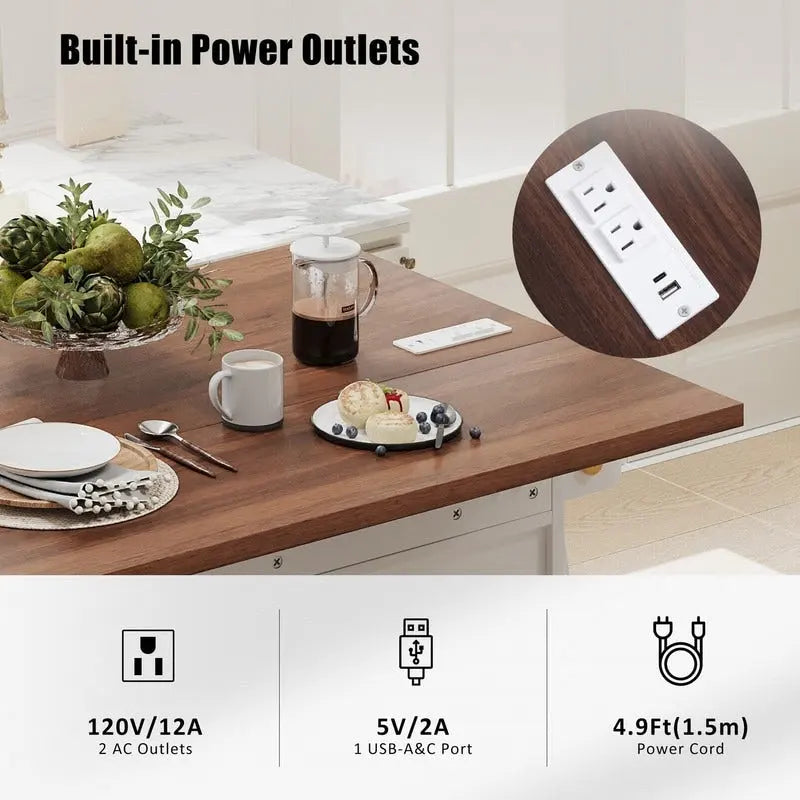 Îlot de cuisine Farmhouse 46,5 avec prise électrique, chariot de cuisine roulant sur roulettes avec plateau rabattable