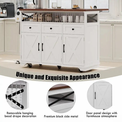 Îlot de cuisine Farmhouse 46,5 avec prise électrique, chariot de cuisine roulant sur roulettes avec plateau rabattable