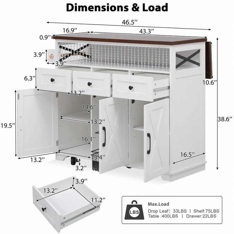 Îlot de cuisine Farmhouse 46,5 avec prise électrique, chariot de cuisine roulant sur roulettes avec plateau rabattable