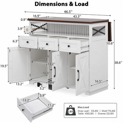 Îlot de cuisine Farmhouse 46,5 avec prise électrique, chariot de cuisine roulant sur roulettes avec plateau rabattable