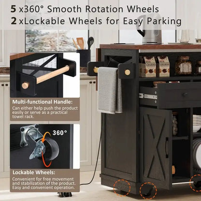 Îlot de cuisine Farmhouse 46,5 avec prise électrique, chariot de cuisine roulant sur roulettes avec plateau rabattable