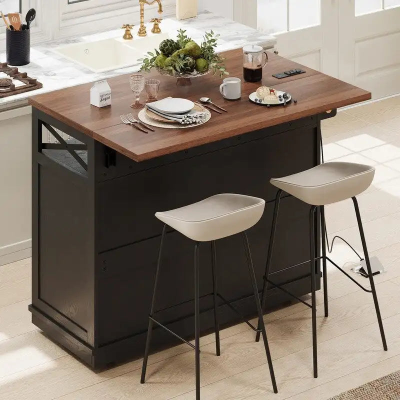 Îlot de cuisine Farmhouse 46,5 avec prise électrique, chariot de cuisine roulant sur roulettes avec plateau rabattable