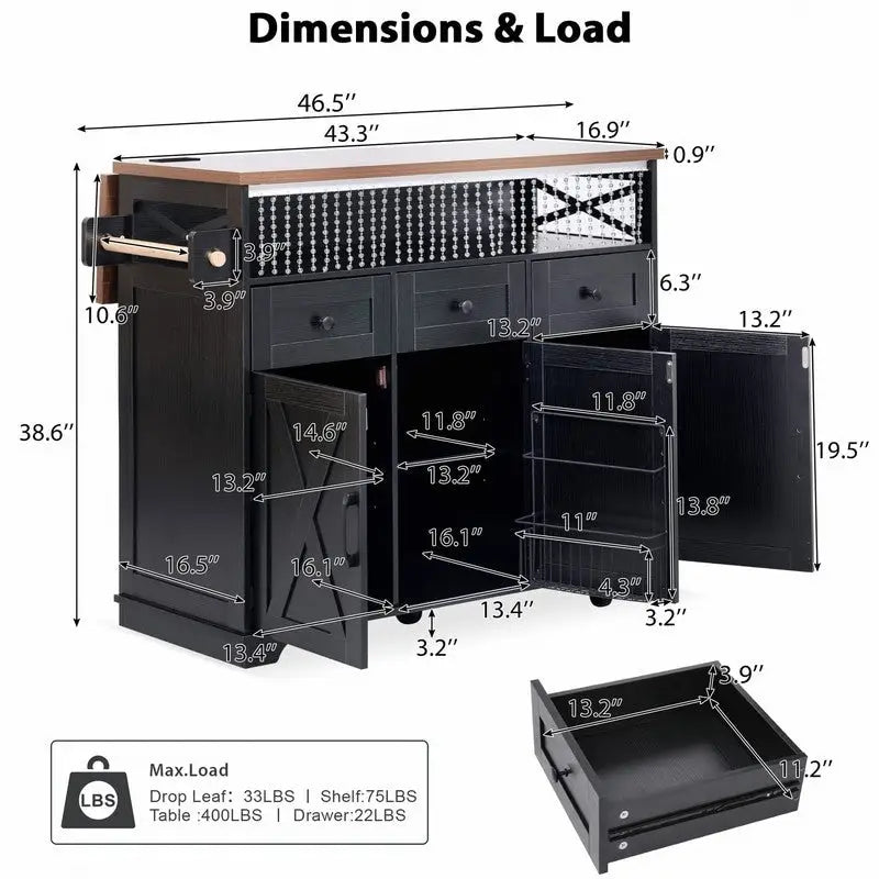 Îlot de cuisine Farmhouse 46,5 avec prise électrique, chariot de cuisine roulant sur roulettes avec plateau rabattable