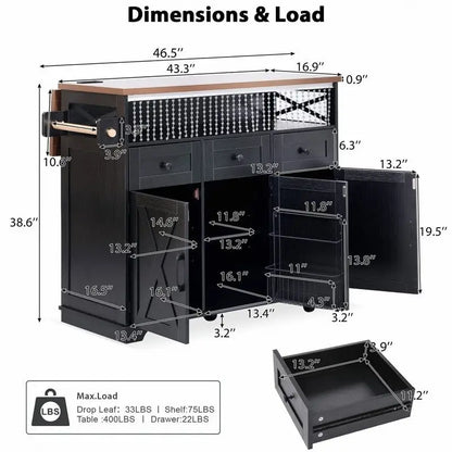 Îlot de cuisine Farmhouse 46,5 avec prise électrique, chariot de cuisine roulant sur roulettes avec plateau rabattable