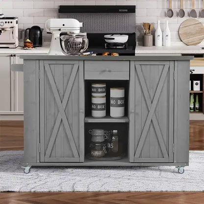 Îlot de cuisine extérieure de 52,25 pouces avec plateau en acier inoxydable, grand espace de rangement, porte-serviettes et porte-épices et ouvre-bouteille