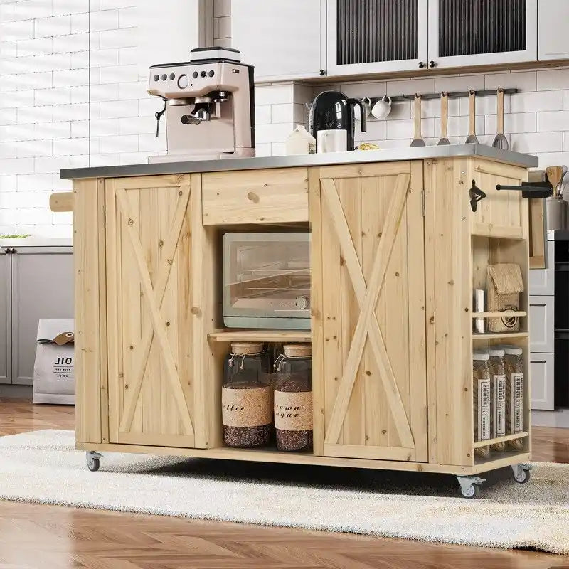 Îlot de cuisine extérieure de 52,25 pouces avec plateau en acier inoxydable, grand espace de rangement, porte-serviettes et porte-épices et ouvre-bouteille