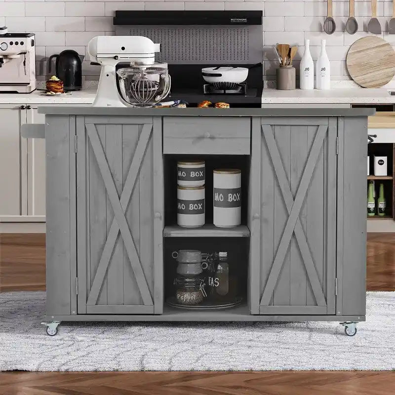 Îlot de cuisine extérieure de 52,25 pouces avec plateau en acier inoxydable, grand espace de rangement, porte-serviettes et porte-épices et ouvre-bouteille