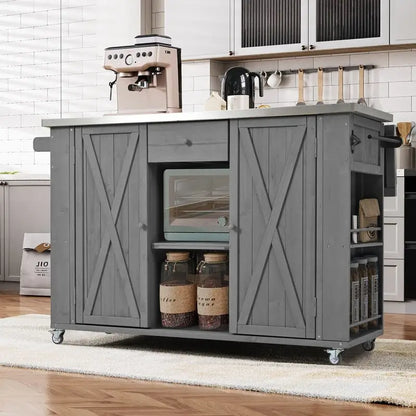 Îlot de cuisine extérieure de 52,25 pouces avec plateau en acier inoxydable, grand espace de rangement, porte-serviettes et porte-épices et ouvre-bouteille